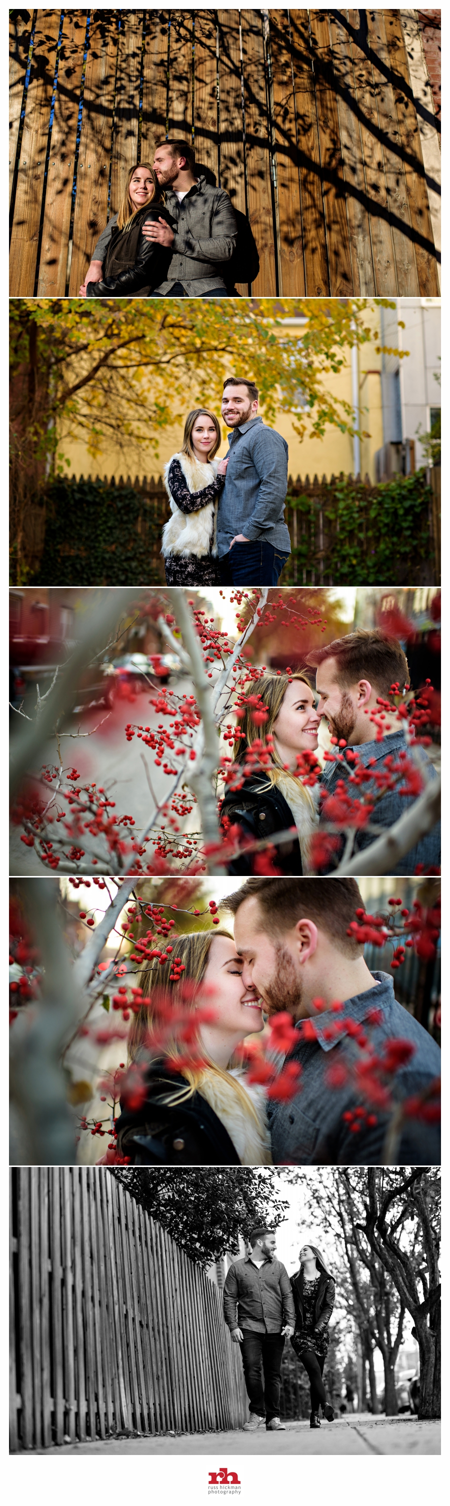 An Engaged Couple kiss in a tree in Philadelphia.